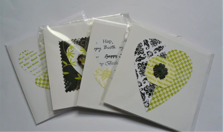 4 Pack HEART Themed Greetings Cards Green and Black Sea Glass Embellished
