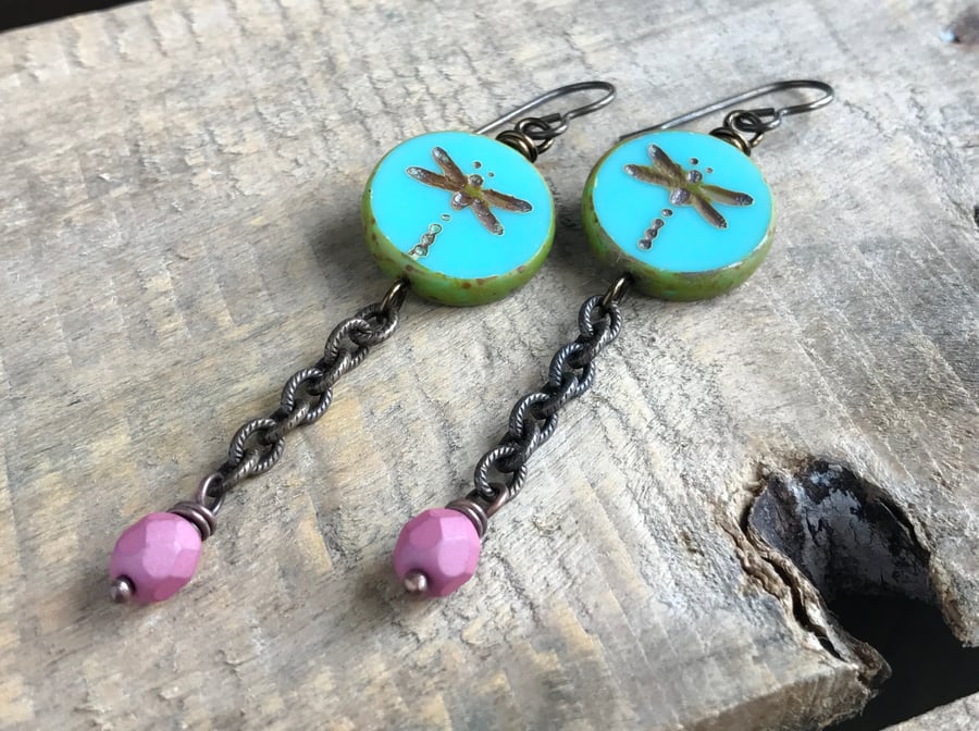 Czech Glass Dragonfly Earrings. Turquoise and Pink Earrings. Bohemian Earrings