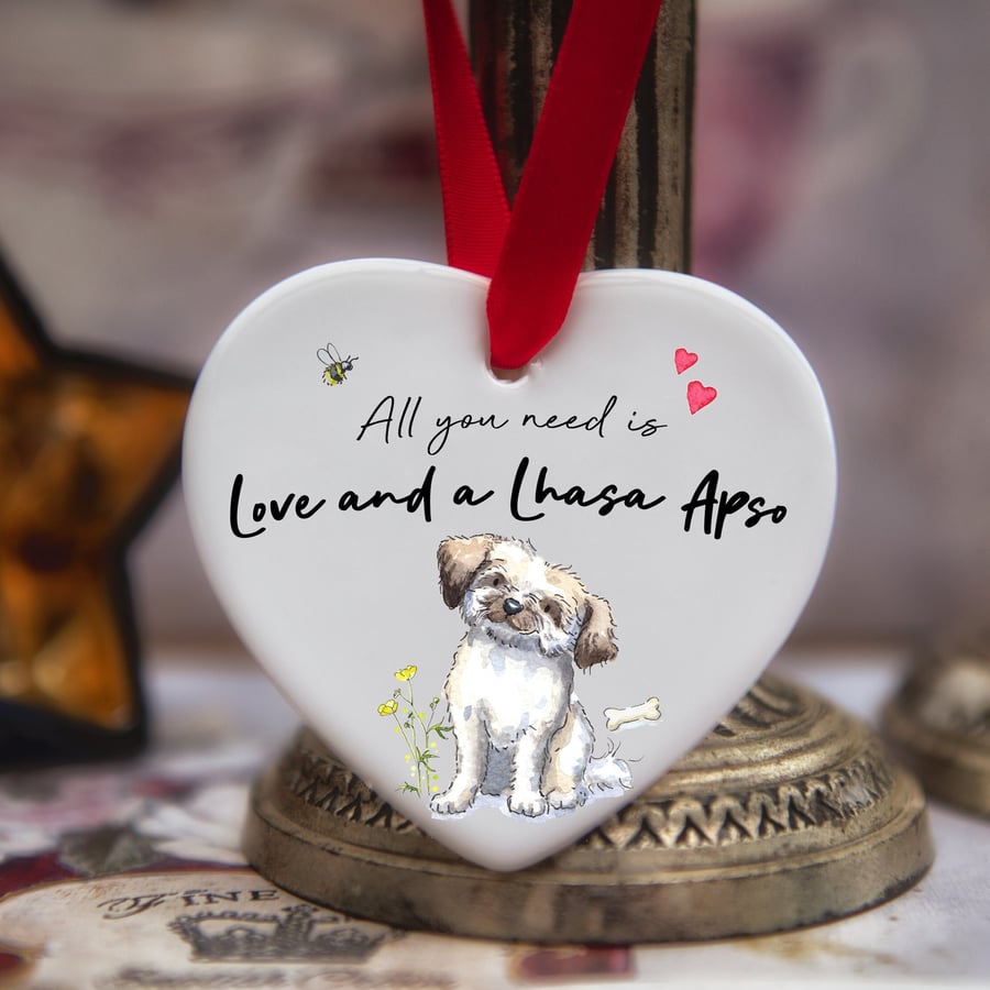 Love and a Lhasa Apso Ceramic Heart