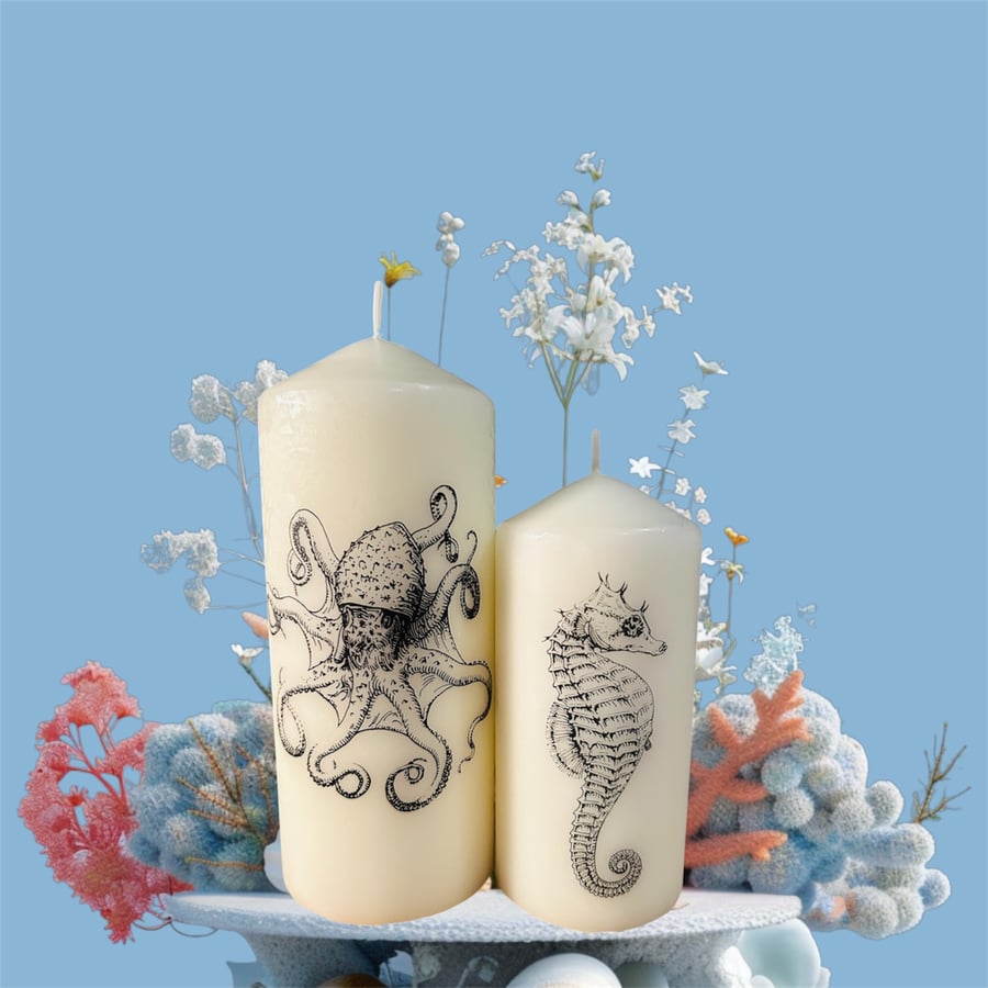 Handmade decoupage Octopus sea creature pillar candle