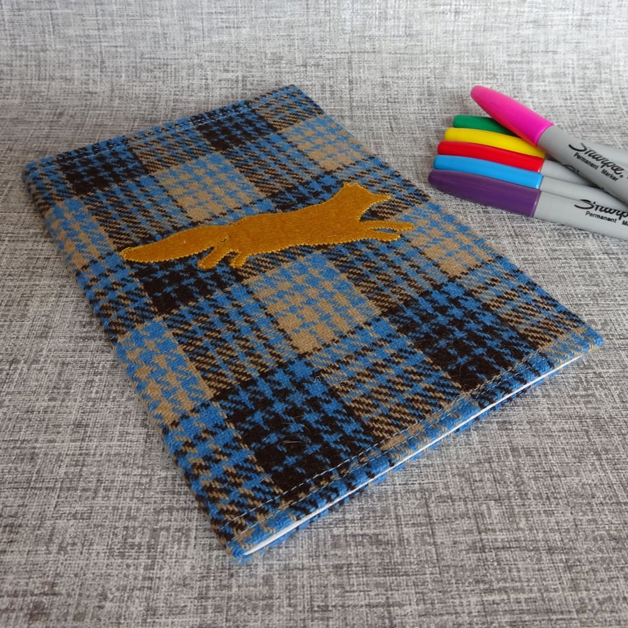 Tweed appliqué fox sketchbook, textile notebook