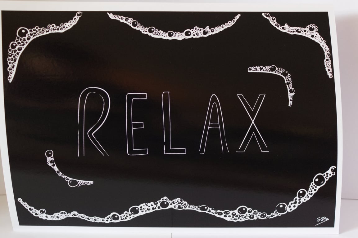 Relax bubbles, bathroom print, A4 sized, unframed, black, green