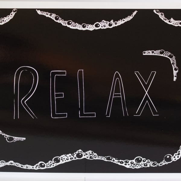Relax bubbles, bathroom print, A4 sized, unframed, black, green