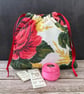 1950s Floral 'Carnations & Roses' Vintage Barkcloth Drawstring Bag, Wine Ribbon - Image 9