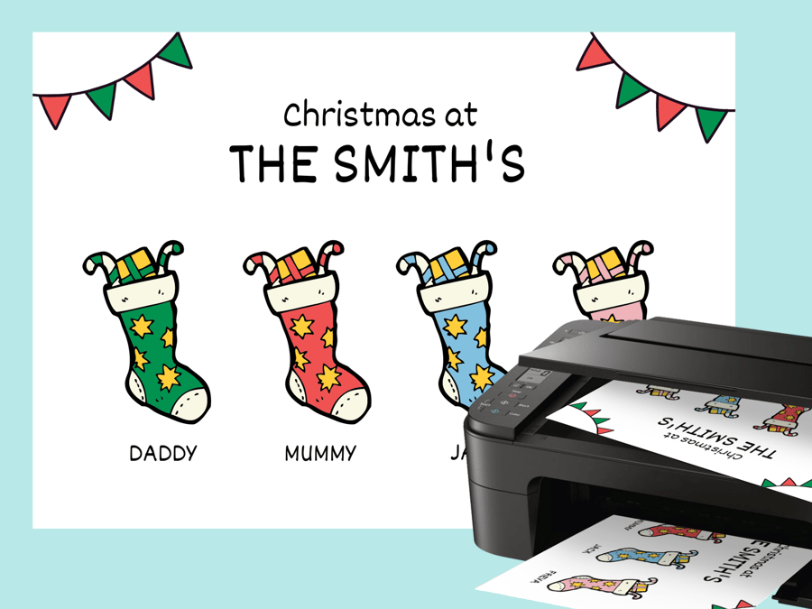 Family Christmas stockings personalised wall art