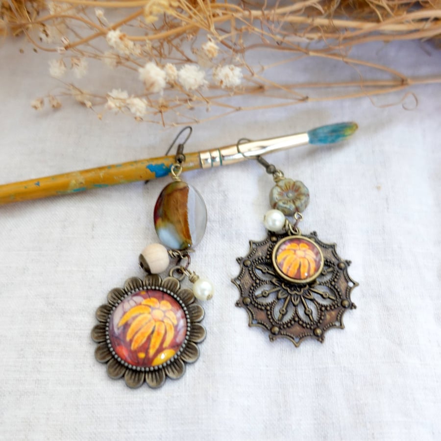 Image of Asymmetrical Boho Style Earrings with Art Charms, Faux Pearls and Agate Stone