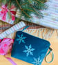 Hand Printed Teal Snowflake Velvet Makeup Bag, Blue Snowflake Cosmetic Pouch