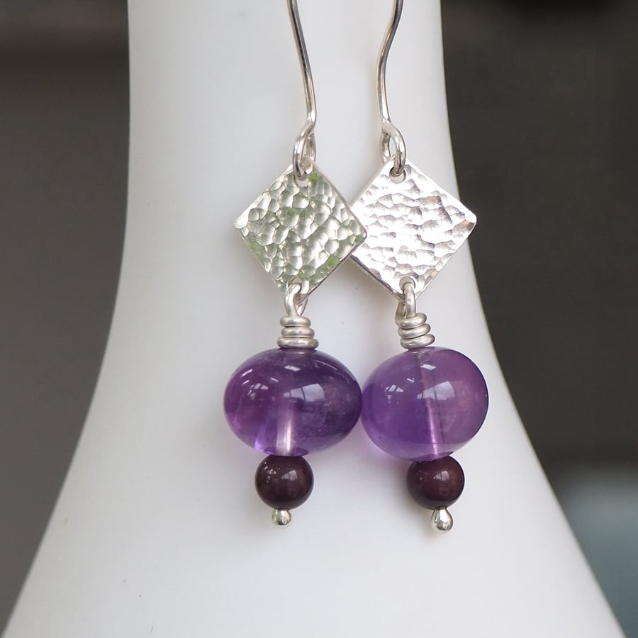 SALE Amethyst Earrings, Silver Hammered Dangle Earrings, Drop Earrings