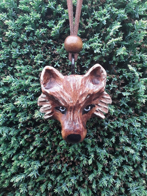  Hand Carved Wooden Wolf Head Pendant