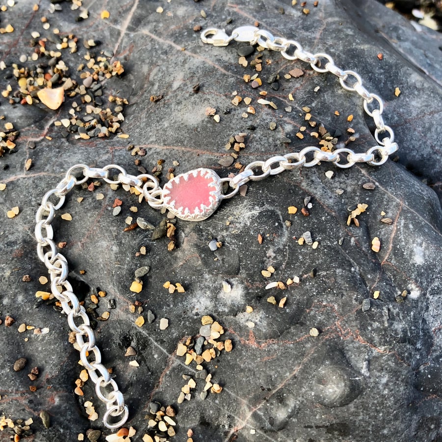 Rare Pink Blue Sea Glass & Silver Bracelet - 1254