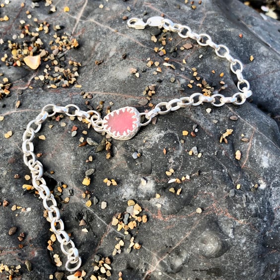 Rare Pink Blue Sea Glass & Silver Bracelet - 1254