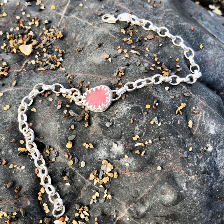 Rare Pink Blue Sea Glass & Silver Bracelet - 1254