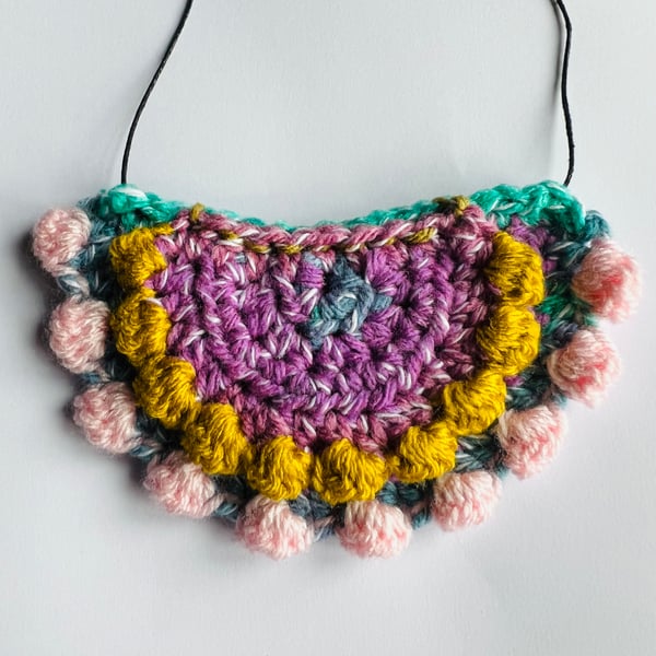 Handmade crochet pom pom layered bib necklace