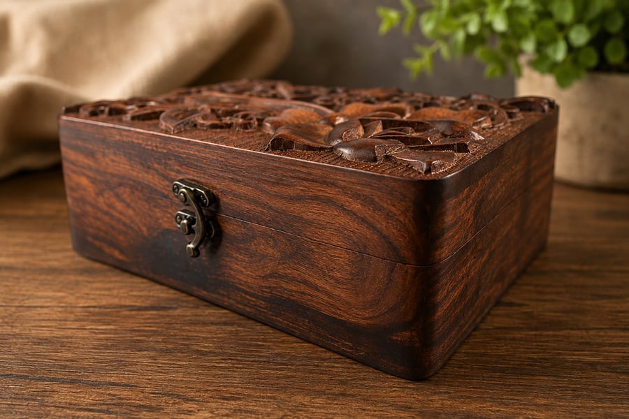 Hand Carved Floral Wooden Jewelry Box – Red Lined Keepsake Box, 9 x 6 Inches