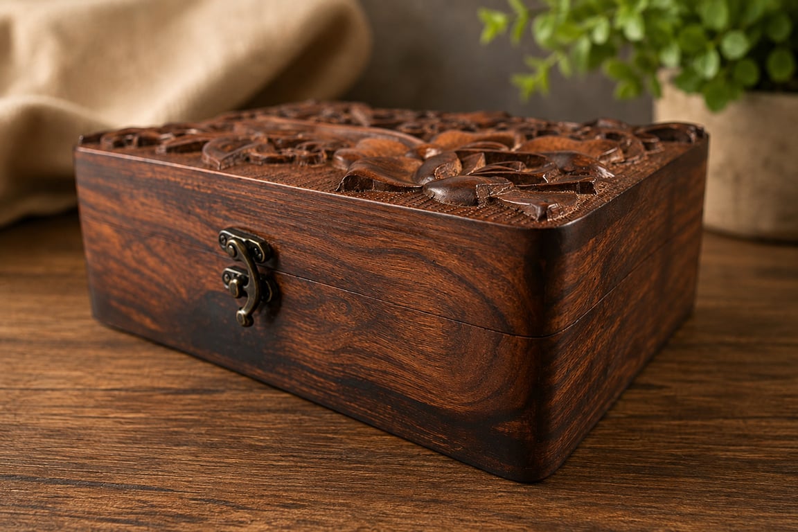 Hand Carved Floral Wooden Jewelry Box – Red Lined Keepsake Box, 9 x 6 Inches