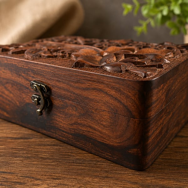 Hand Carved Floral Wooden Jewelry Box – Red Lined Keepsake Box, 9 x 6 Inches
