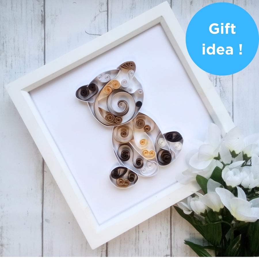 Teddy bear quilled art, Framed quilling paper artwork for nursery childs bedroom