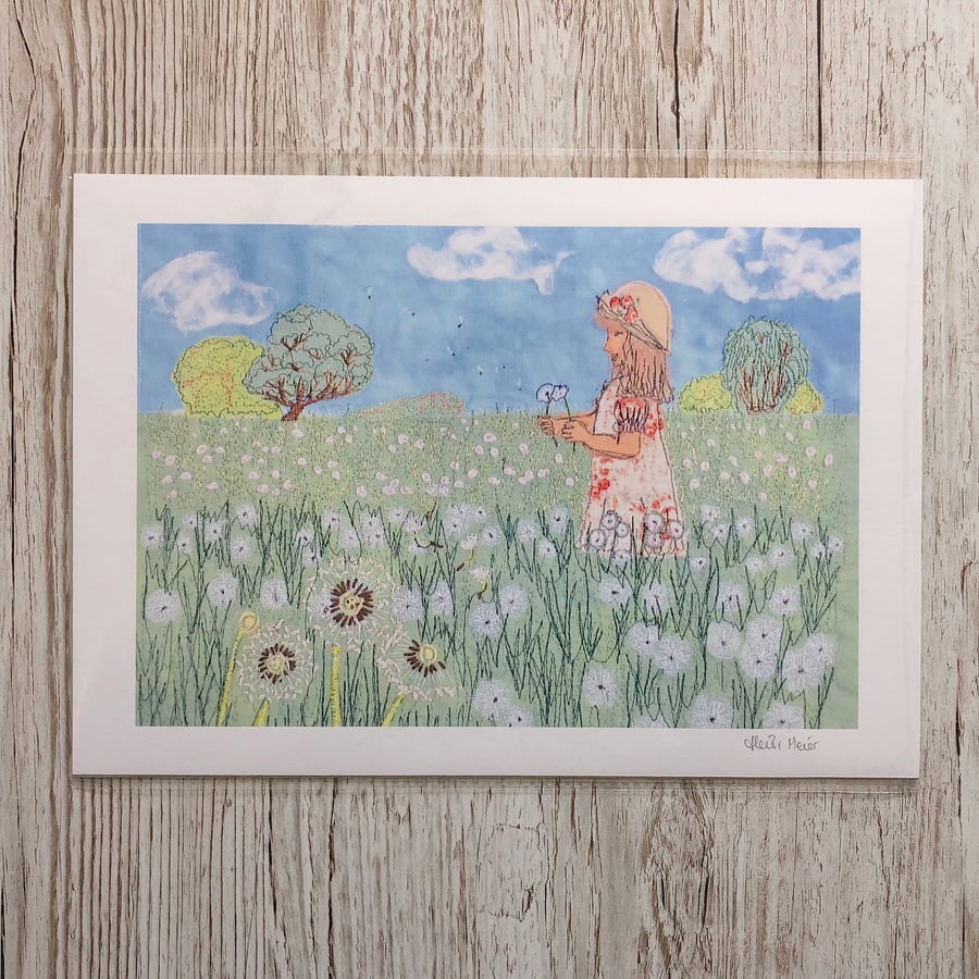 Dandelion clocks and girl in meadow giclee print A4 - dandelion seed head art