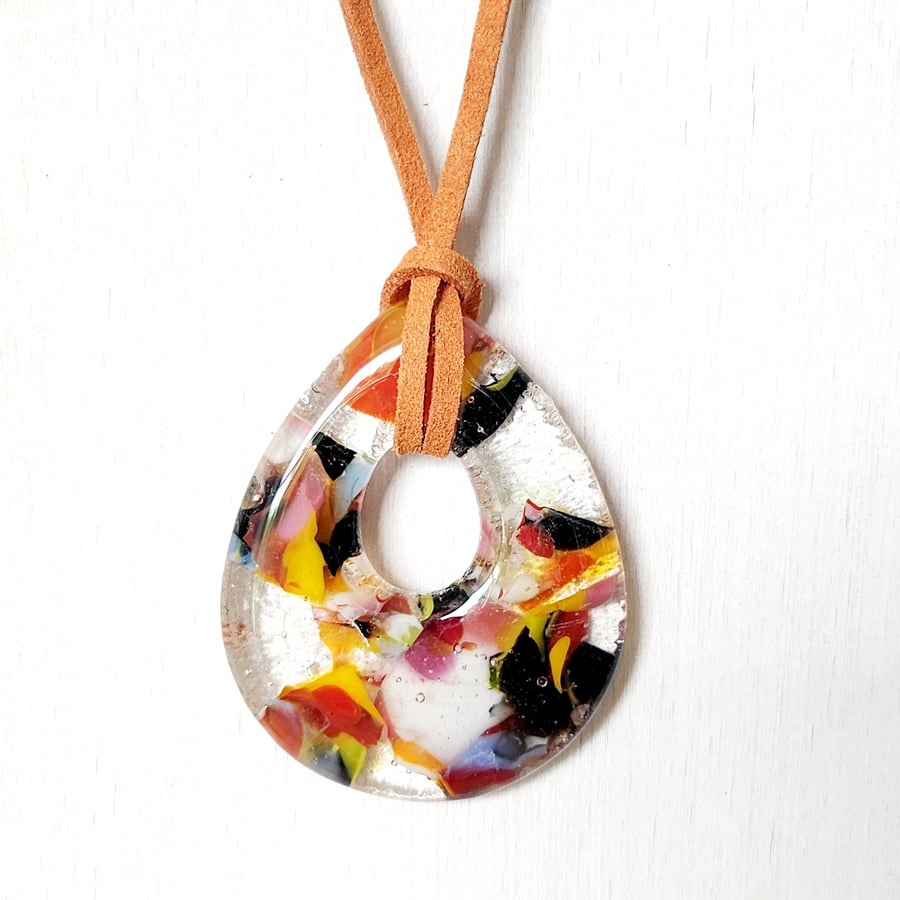 Fused Glass Cast Pendant on Soft Suede