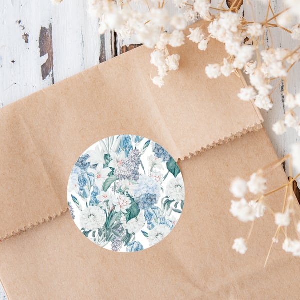 Blue Floral Round Paper Stickers Sheet, envelope seals, gift stickers, 24 pcs