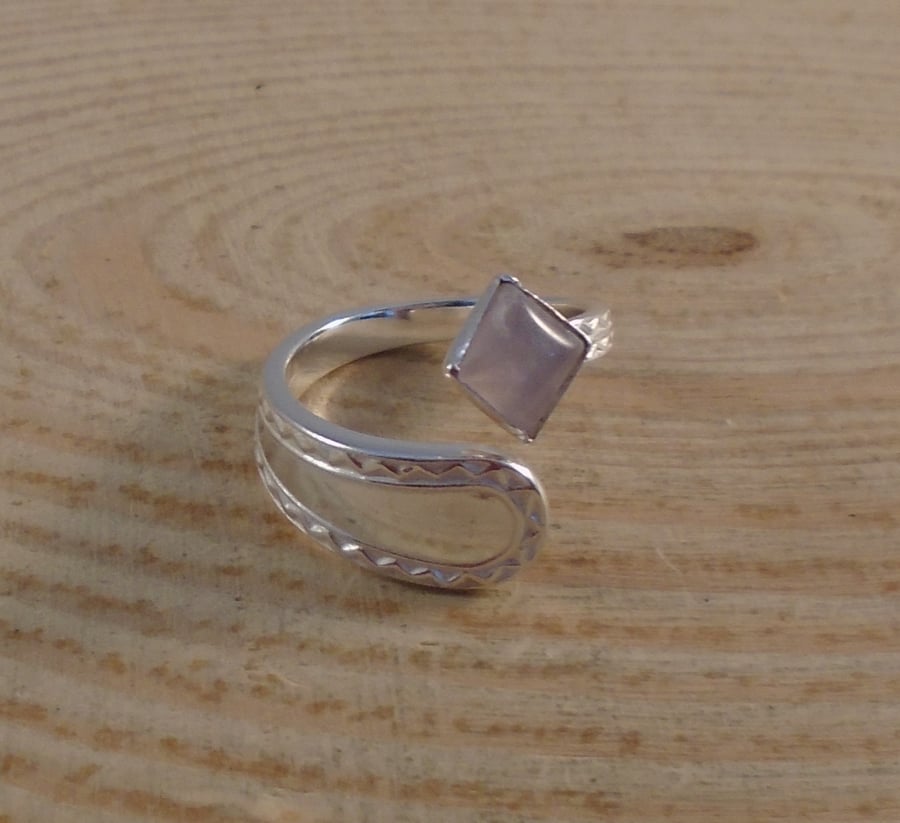 Upcycled Sterling Silver Zig Zag Spoon Handle Ring with Rose Quartz