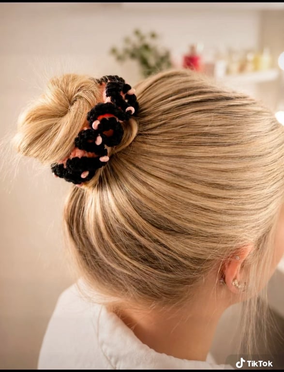 Beaded Crochet Hair Scrunchie in Peach and Black, Ruffle Hair Accessory