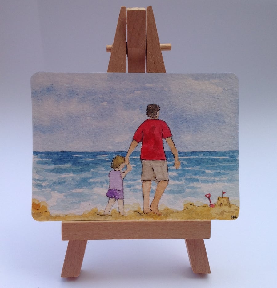 On the beach with Dad ACEO original watercolour