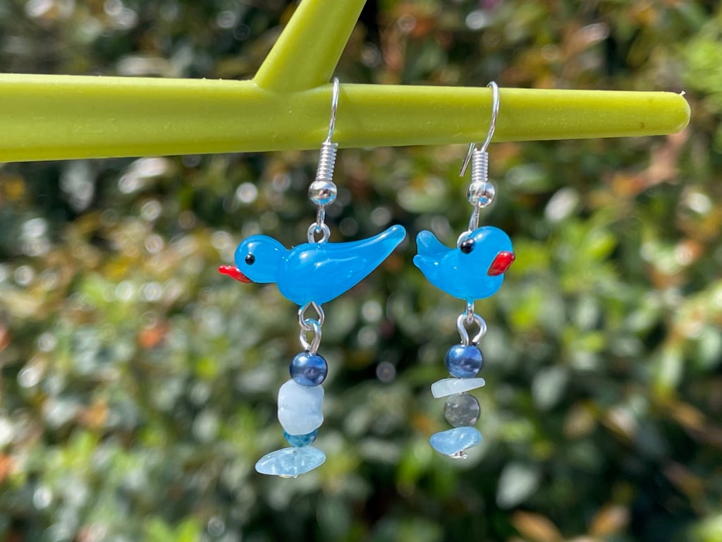 glass bird earrings lampwork blue bird apatite aquamarine semi precious 