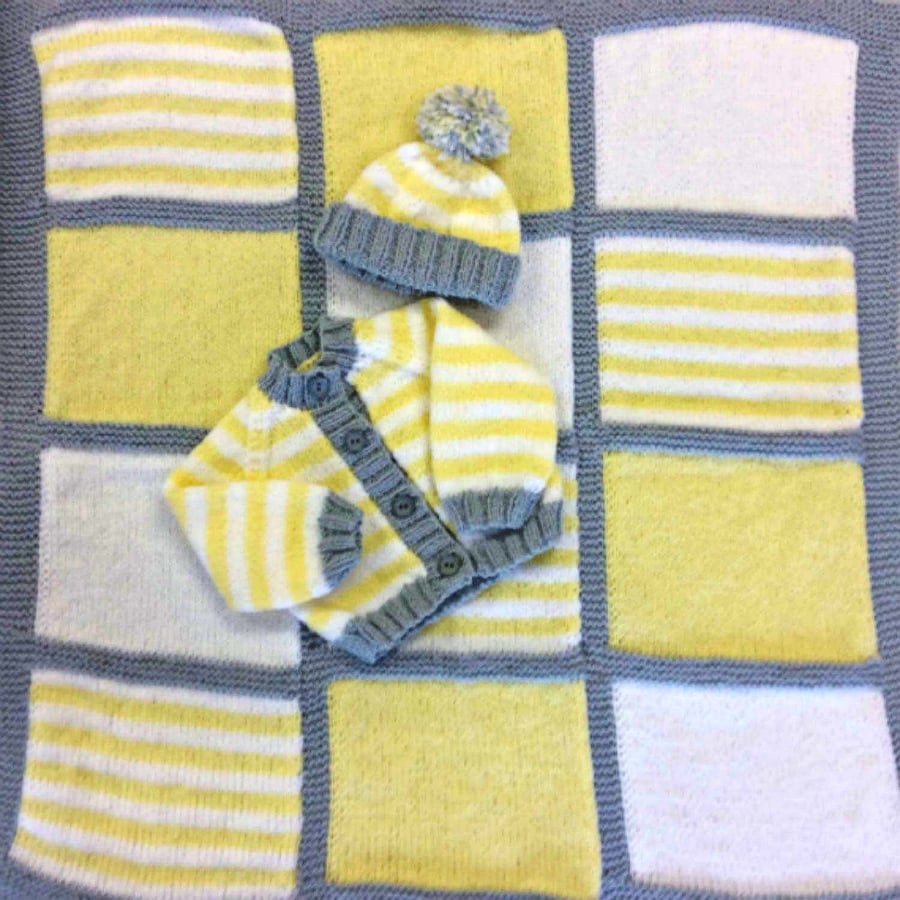 Hand-Knitted Blanket, Cardigan and Hat-Lemon, Grey & White - 0-3 months 