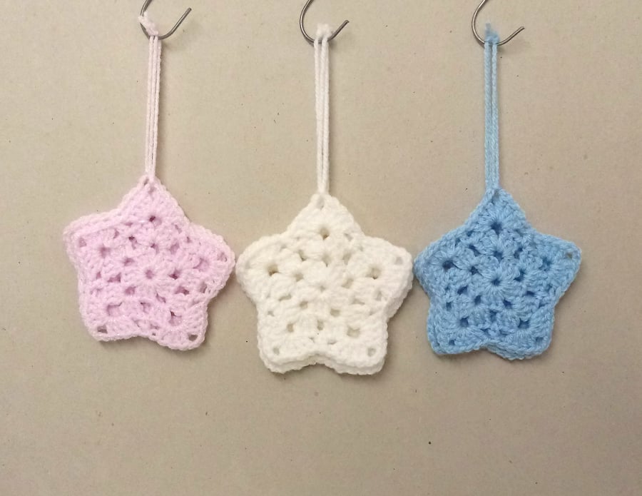 Christmas star decorations, set of 2, in sparkly pink, blue or white, handmade