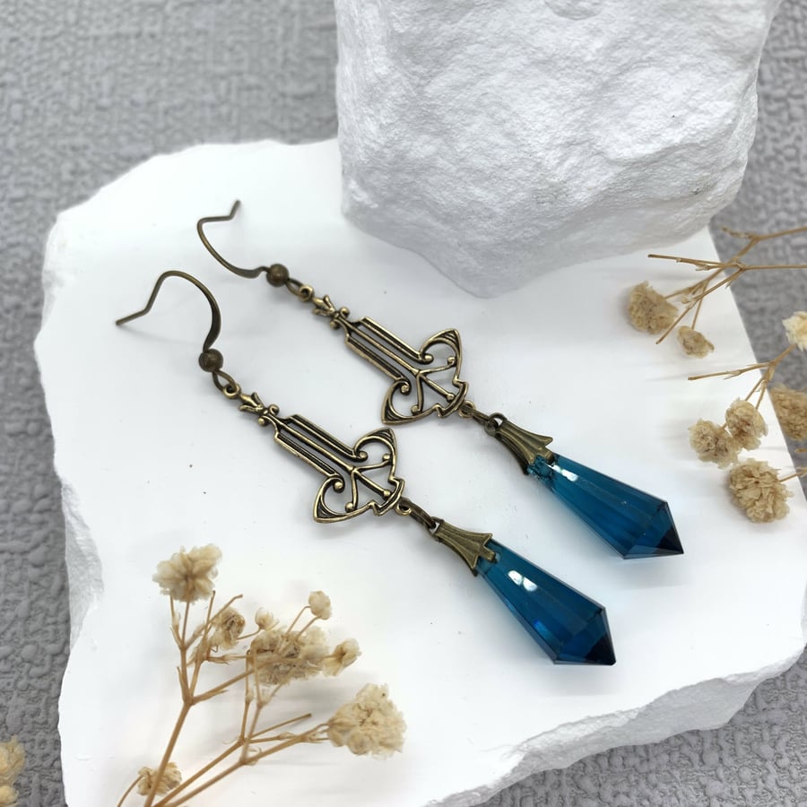 Vintage Style Blue Glass Teardrop Gold Earrings