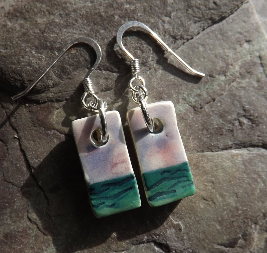 Handmade ceramic and sterling silver Seascape drop earrings