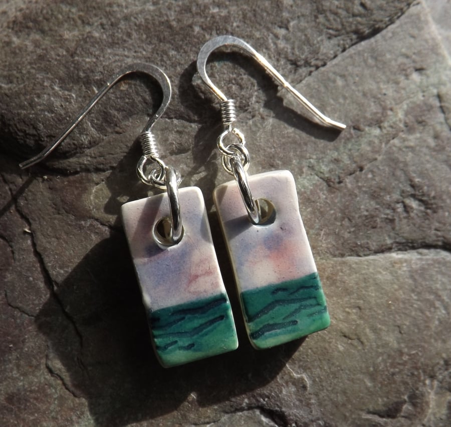 Handmade ceramic and sterling silver Seascape drop earrings