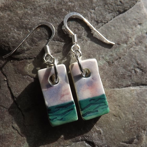 Handmade ceramic and sterling silver Seascape drop earrings