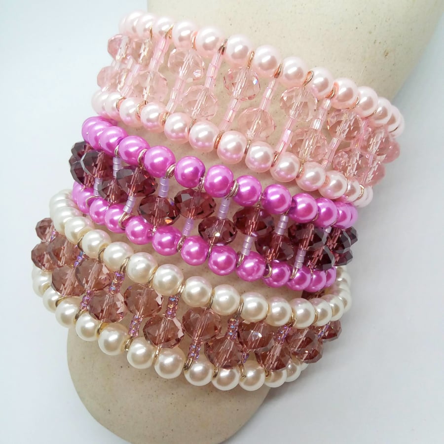 Crystal and Pearl Beaded Memory Wire Cuff Bracelet With Safety Chain