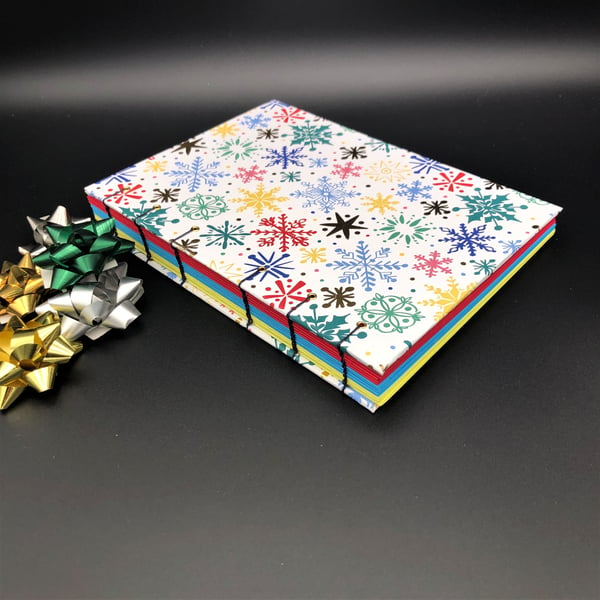 Rainbow snowflakes - hand bound A5 notebook 