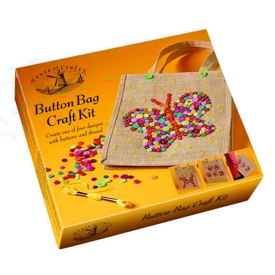 Button Bag Craft Kit Gift for Crafters, Instructions, Jute Tote Bag & Buttons