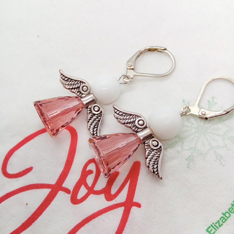 Pink Crystal Beaded Angel Earrings, Crystal Earrings, Angel Earrings