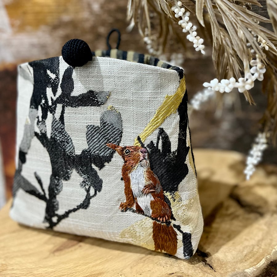 clutch bag with hand embroidered red squirrel