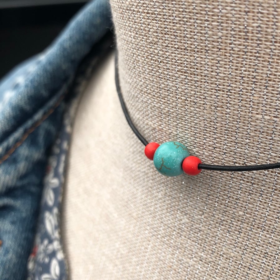 Turquoise and red howlite on black leather and sterling silver choker necklace