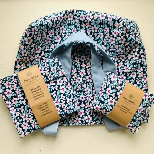 Small Bag with matching eco-friendly reusable snack bags and hand warmers