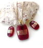 Dichroic Glass 123 Pendant Earring Set Deep Cranberry Gold Plated Chain
