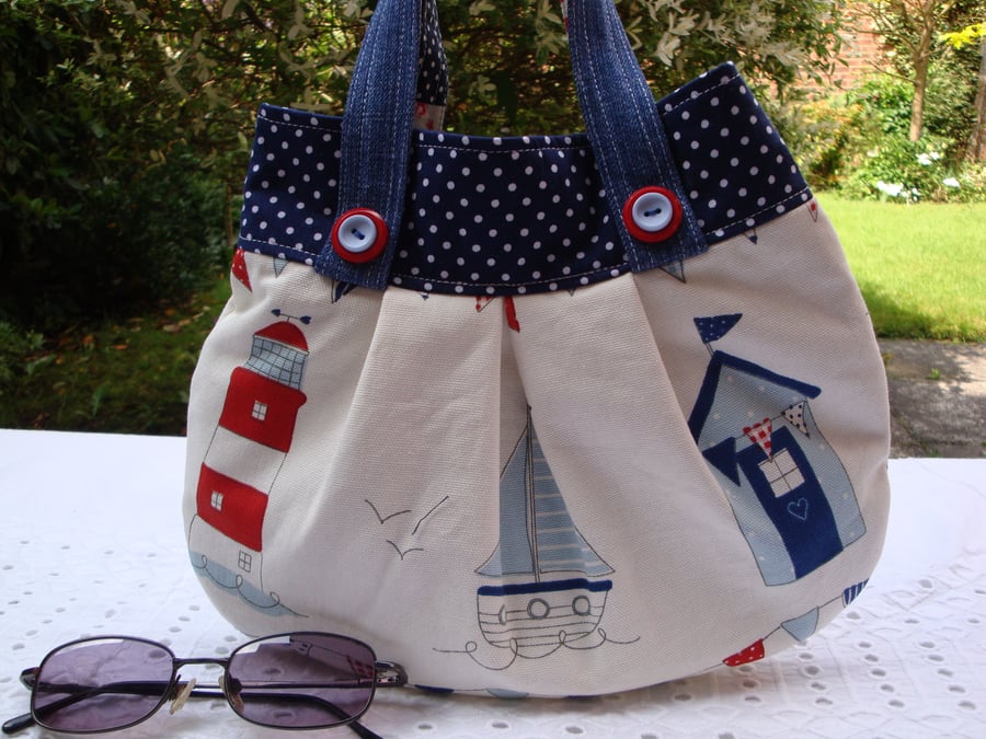 Cotton Mini Handbag - beach hut - boat - bunting - nautical.