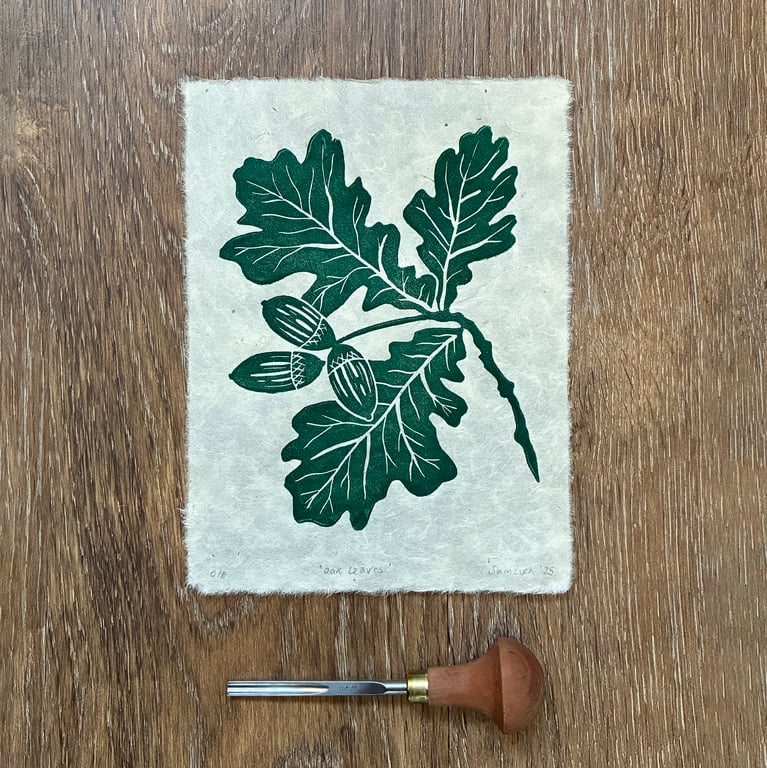 Oak leaf and acorn original linocut print in forest green
