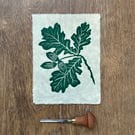 Oak leaf and acorn original linocut print in forest green