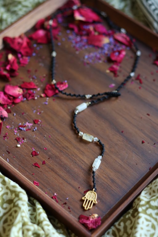 Macrame wrap necklace in black with Natural stone Citrine and brass Hansa hand 