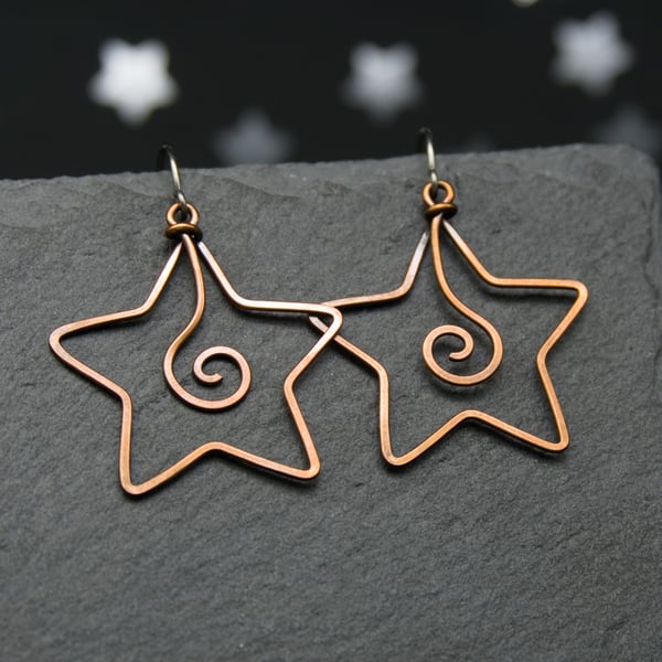 Hammered Copper Star Spiral Earrings