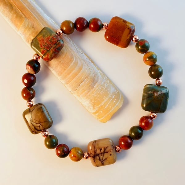 Red Creek Jasper Bracelet With Copper Detail - Handmade In Devon