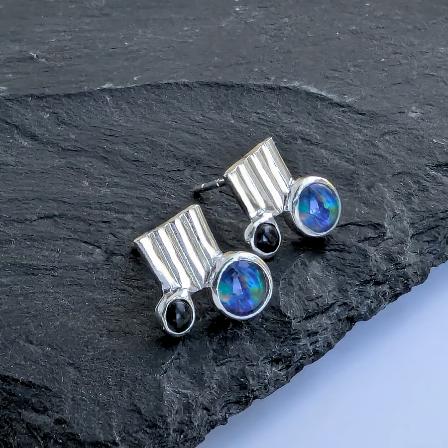 Opal & Onyx Sterling Silver Stud Earrings. Handmade Urban Jewellery WEDDING
