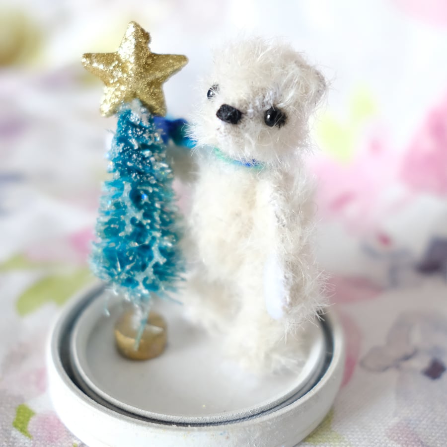Alfred, miniature Christmas bear, hand sewn collectible bear in hanging dome